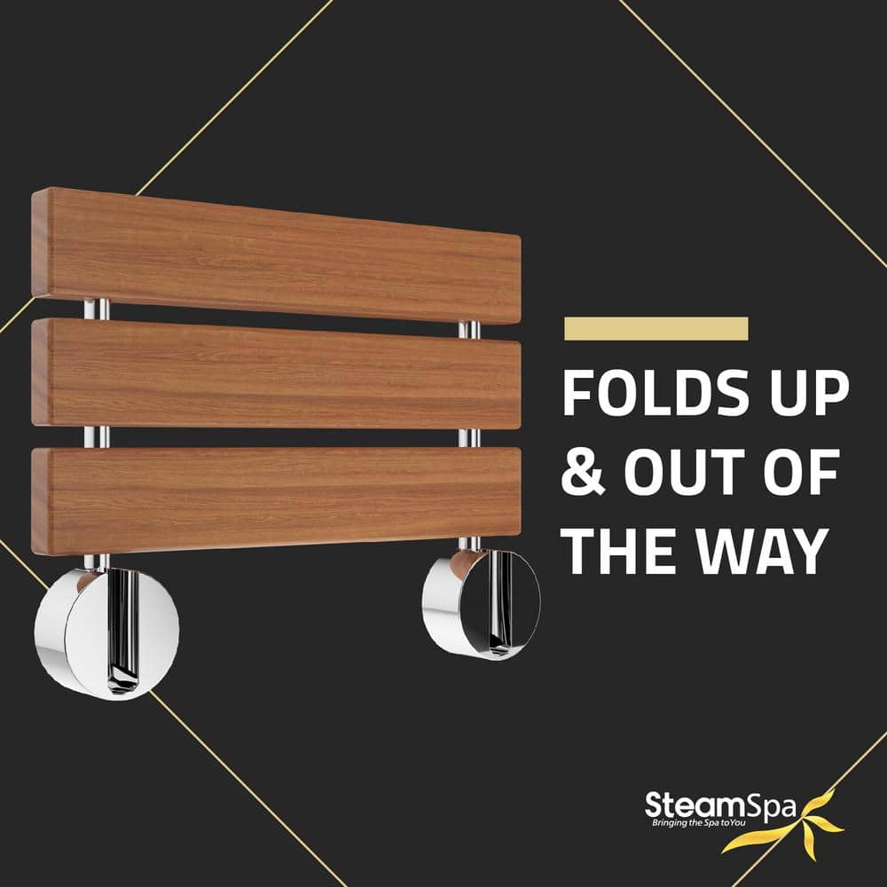 Natural Teak Wood Wall Mounted Folding Shower Bench with Polished Chrome Finish
