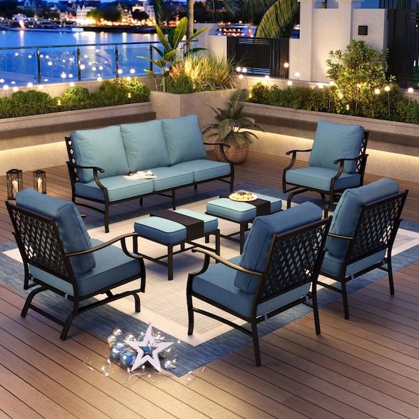 PHI VILLA Black Meshed 9-Seat 7-Piece Metal Outdoor Patio Conversation Set with Denim Blue Cushions,2 Motion Chairs and 2 Ottomans