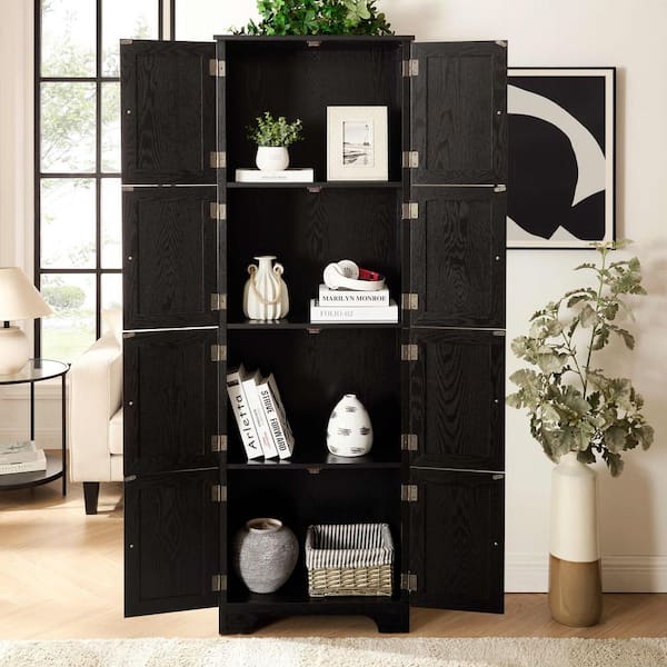 72.4 in. Black Finish Freestanding Storage Cabinet with 8 Doors and 4 Shelves for Living Room Kitchen Office