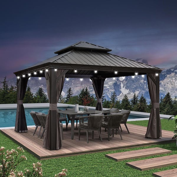 12 ft. x 12 ft. Gray Patio Outdoor Gazebo for Backyard Hardtop Aluminum Frame with Hooks, Netting, Curtain 24-Lights