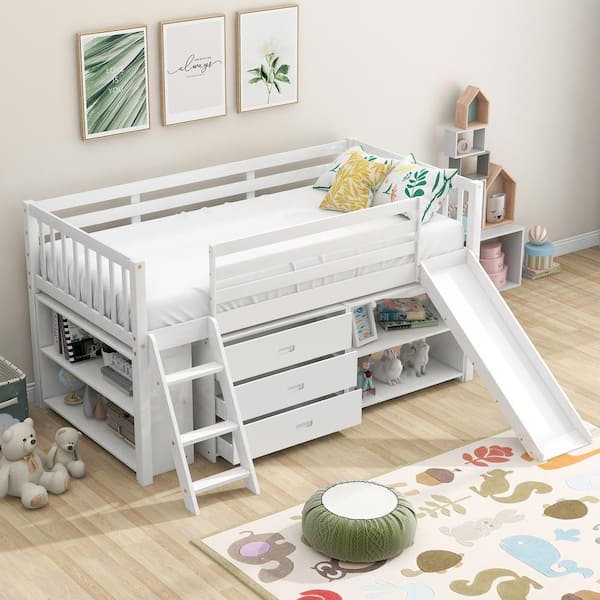 Harper & Bright Designs Low White Twin Size Loft Bed with Slide, Attached Bookcases and Separate 3-Tier Drawers