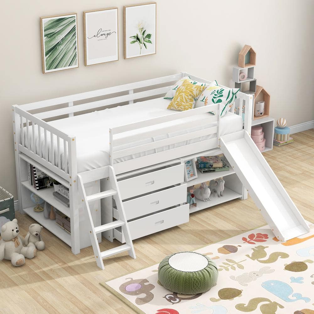 Harper & Bright Designs Low White Twin Size Loft Bed with Slide, Attached Bookcases and Separate 3-Tier Drawers - 1
