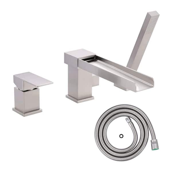 Single-Handle Deck-Mount Roman Tub Faucet with Hand Shower in Brushed Nickel