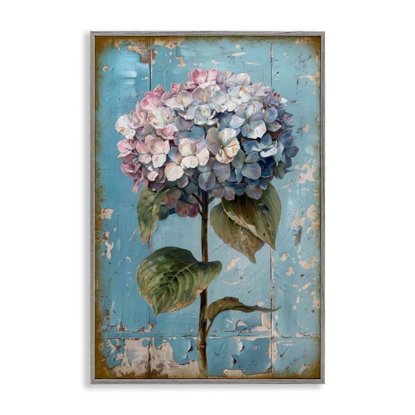 Stupell Industries Hydrangea on Distressed by LSR Design Studio Gray Framed Nature Giclee Art Print 30 in. x 20 in.