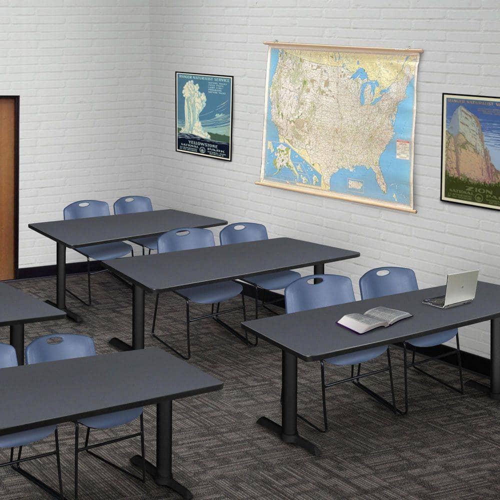 Cain 66 in x 24 in. Grey T-Base Training Seminar Table Desk and 2 Zeng Stack Chairs-Blue