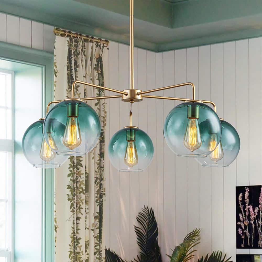 HUOKU Ceder 5-Light 33.5 in. W Paint Brass Mid-Century Sputnik