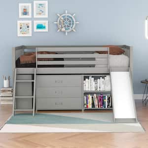 Gray Twin Low Loft Bed with 2 Bookcases and 3-Tier Drawers, Wood Kids Loft Bed Frame with Convertible Ladder and Slide