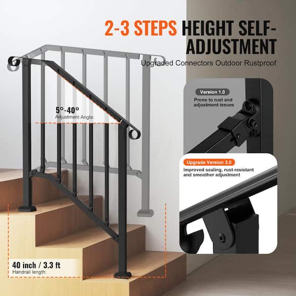 VEVOR Handrails for Outdoor Steps 2-3 Step Stair Hand Rail Kit Transitional Carbon Steel Railings with Installation Kit