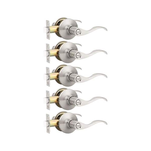 5-Piece Privacy Door Lever in Satin Nickel, Modern Interior Door Knobs Locks, Included Reversible Wave Lever Handle