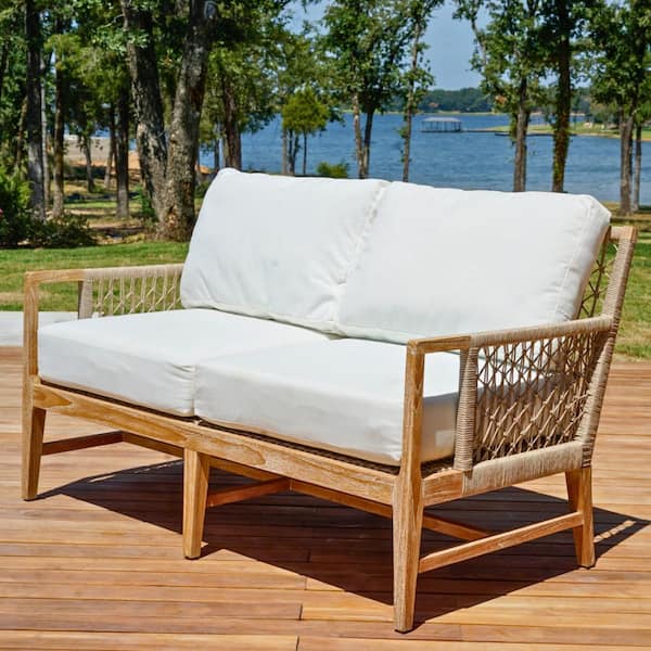 POSH POLLEN Nizuc Teak Outdoor Loveseat Sofa with White Cushions