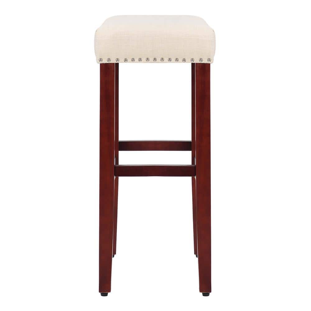 29" Beige Upholstered Backless Saddle Wood Bar Stool