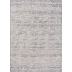 Wyatt Ivory/Light Blue 7 ft. 10 in. x 8 ft. 10 in. High-Low Striped P.E.T Yarn Indoor/Outdoor Area Rug