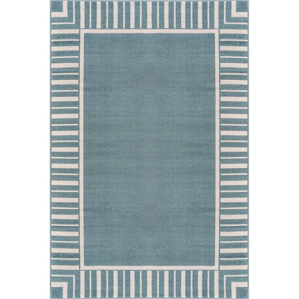 Edge Teal 6 ft. x 9 ft. Rubber Back Washable Geometric Border Indoor Outdoor Patio Area Rug