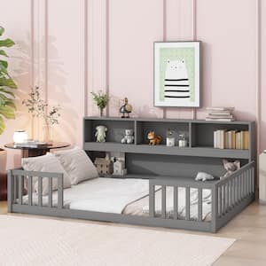 Gray Wood Frame Full Size Platform Bed with Bedside Bookcase, Shelves, Fence Guardrails