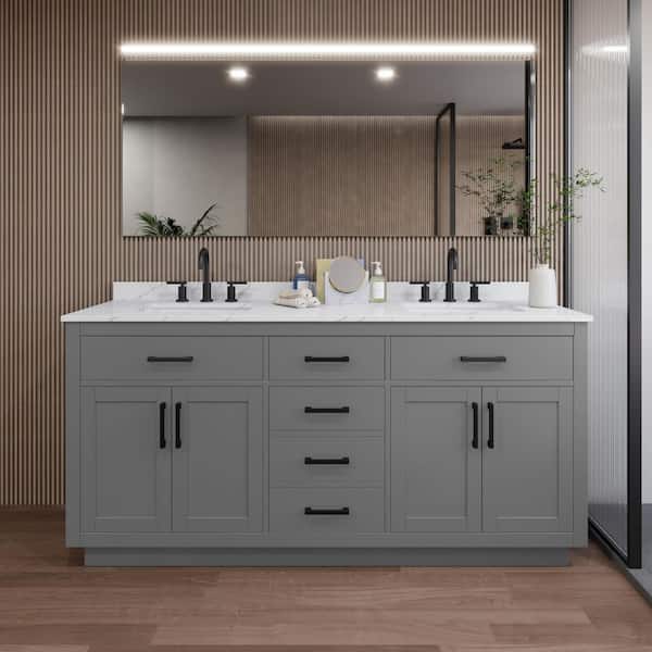 Wyndham Collection Beckett TK 72 in. W x 22 in. D x 35 in. H Double Sink Bath Vanity in Dark Gray with Matte Black Trim Giotto Quartz Top