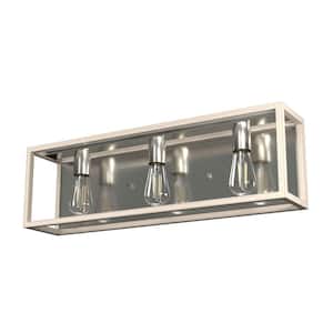 Squire Manor 25 in. 3-Light Brushed Nickel Vanity Light with Bleached Wood Frame