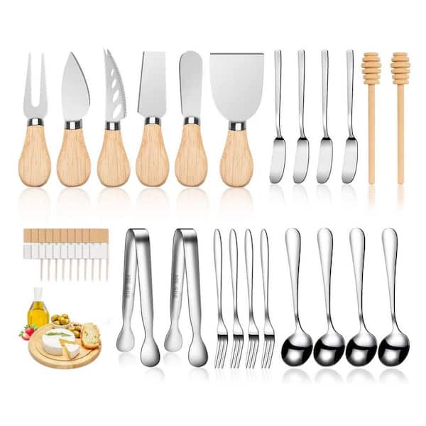23-Piece Wooden Stainless Steel Cheese Knives and Spreaders Set with Wooden Handles, Kitchen Accessories Set