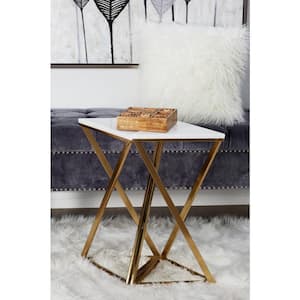 12 in. Gold Large Triangle Marble End Accent Table with Marble Top (2- Pieces)