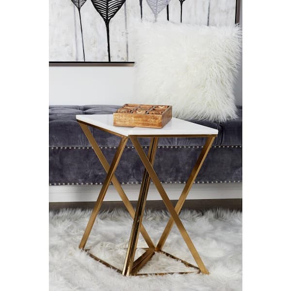 Litton Lane 12 in. Gold Large Triangle Marble End Accent Table with Marble Top (2- Pieces)
