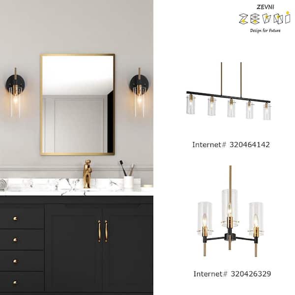 Zevni Modern 1-Light Brass Gold Wall Sconce, Black Bathroom