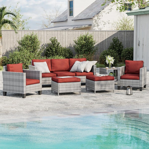 Sonkuki 6-Piece Patio Sofa Set Gray Wicker Outdoor Furniture Set with Coffee Table, Rust Red