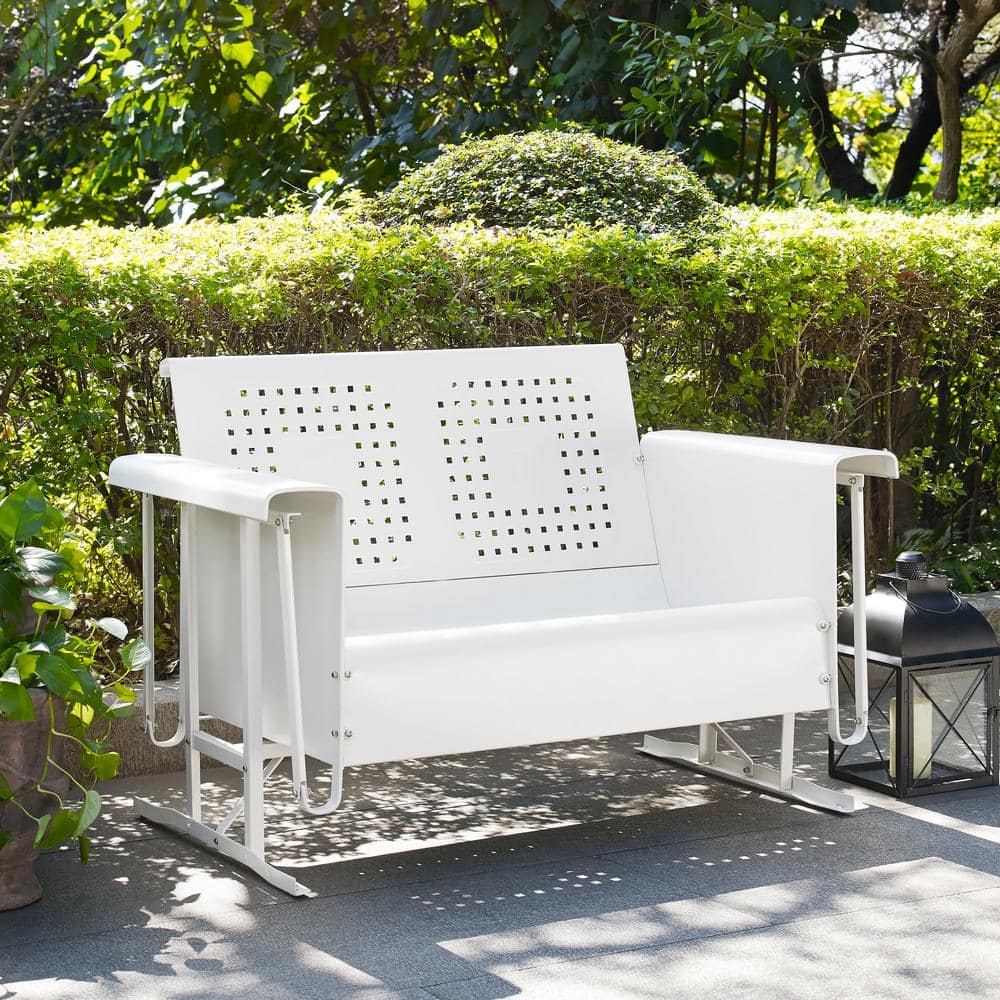 White Powder-Coated Steel Two-Seat Outdoor Loveseat Glider