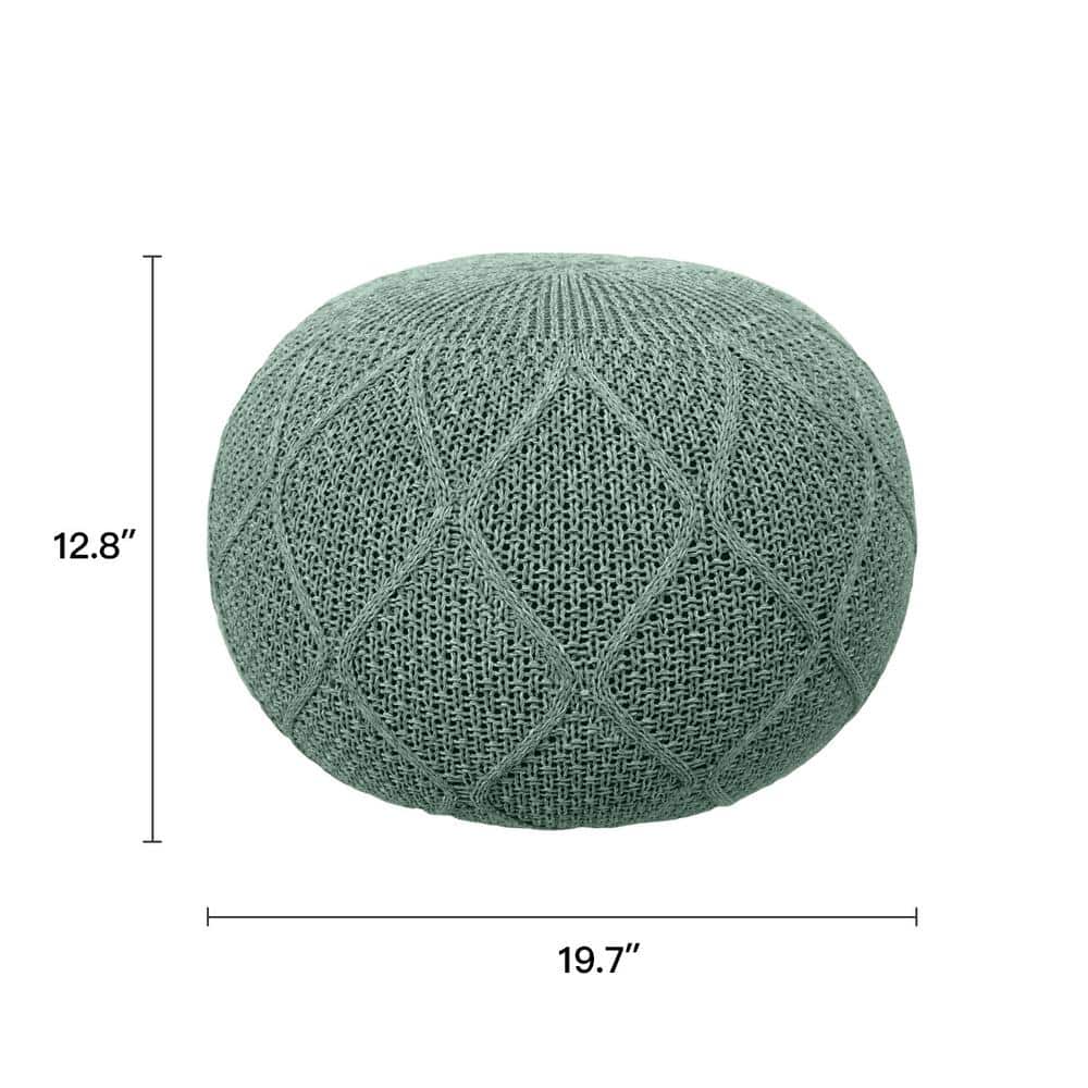 Green Knitted Round Pouf Ottoman with Polyurethane Foam