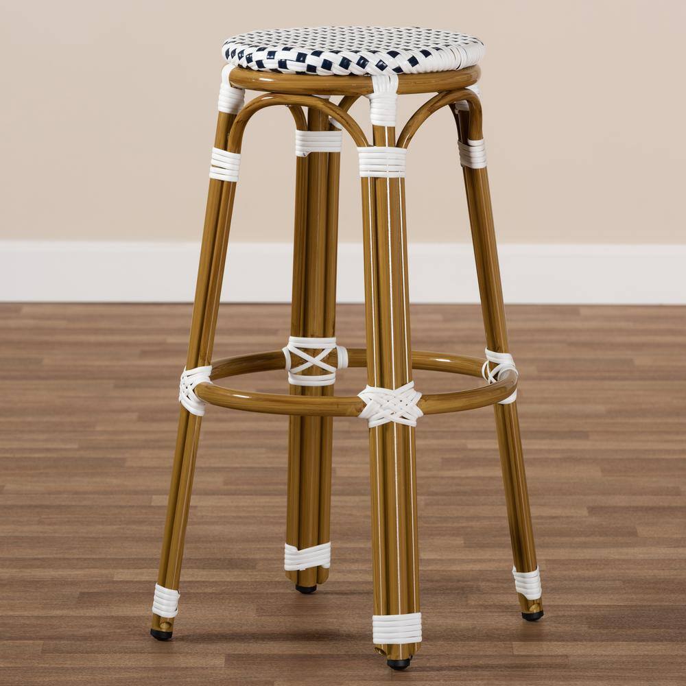Navy and White Woven Aluminum Armless Bar Stool