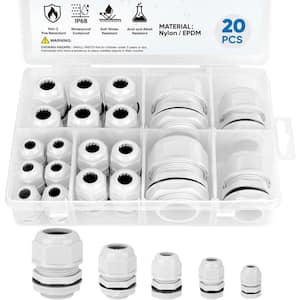 Waterproof Cable Gland Kit Nylon NPT Adjustable Cable Connectors Assortment 1/4, 3/8, 1/2, 3/4, 1 in. 20 Pcs. in Grey