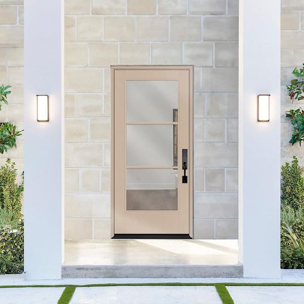 Legacy 32 in. x 80 in. Icon 3-Lite Modern Clear Glass LHIS Sandstone Fiberglass Prehung Front Door