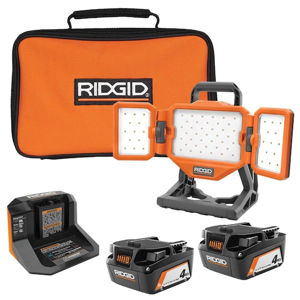 RIDGID 18V Cordless Hybrid LED Panel Light with (2) 4.0 Ah Batteries, Charger, and Bag