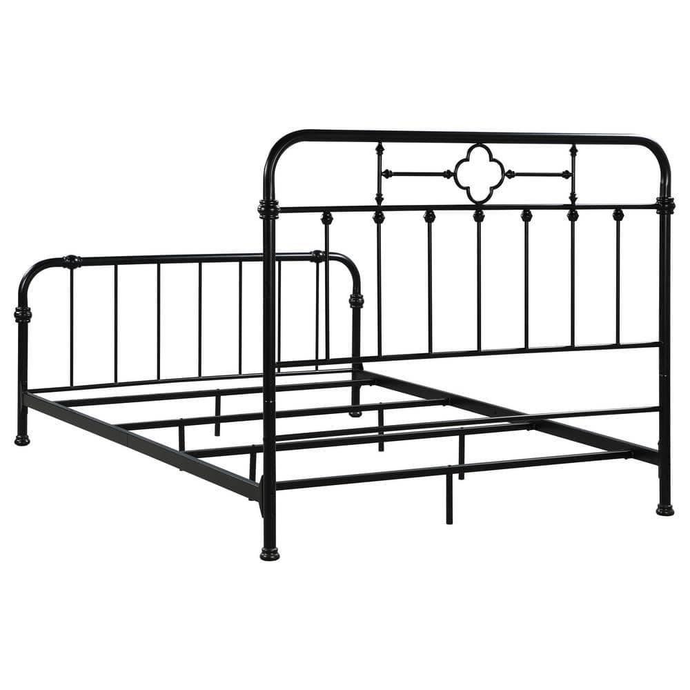 Matte Black Queen Metal Bed with Upholstered Headboard