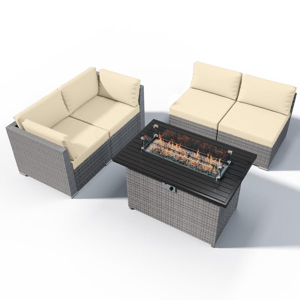 EAGLE PEAK 5-Piece Outdoor Wicker Patio Furniture Set with Fire Table, Beige