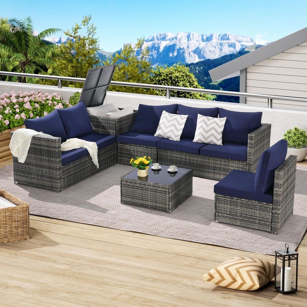 6-Piece Wicker Outdoor Sectional Set with Dark Blue Cushions and Coffee Tab