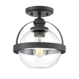 Pendleton 9.38 in. W x 9.75 in. H 1-Light Matte Black Semi-Flush Mount Ceiling Light with Clear Glass Orb Shade