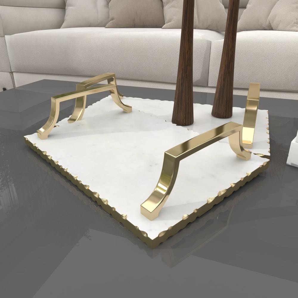 Gold and White Ceramic Rectangular Tray Set with Metal Handles