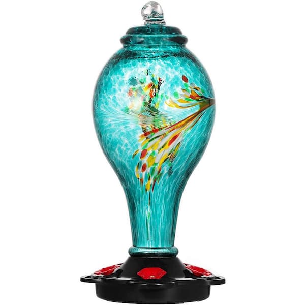 EVEAGE 30 oz. Leakproof Humming Bird Feeder, Hand Blown Glass Hummingbird Feeder With Rustproof Base and Ant Moat
