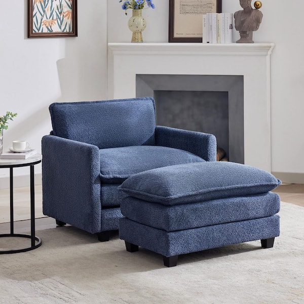 JEAREY 41.34 in. Navy Circle Velvet Upholstered Accent Armchair with Large Seat and Ottoman for Bedroom Living Room