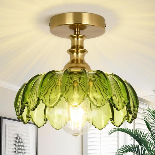 Essel 10.23 in. 1-Light Green Modern Mid-Century Semi-Flush Mount with Flower Glass Shade, No Bulbs Included