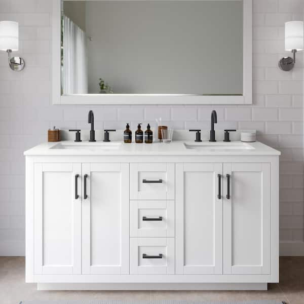 Wyndham Collection Miranda 60 in. W x 22 in. D x 33.75 in. H Double Bath Vanity in White with White Quartz Top and 58 in. Mirror