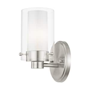 Baxter 5 in. 1-Light Brushed Nickel Wall Sconce with Clear Outer Glass and Opal Inner Glass