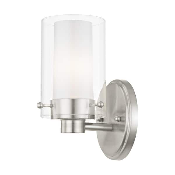 AVIANCE LIGHTING Baxter 5 in. 1-Light Brushed Nickel Wall Sconce with Clear Outer Glass and Opal Inner Glass