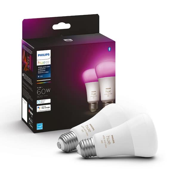 Philips Hue 60-Watt Equivalent A19 Smart Wireless LED Light Bulb White and Color Ambiance 2200-6500K Plus 16 Million Colors (2-Pack)