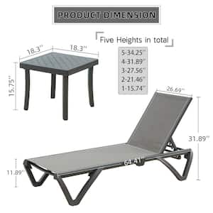 Set of 3 Aluminum Adjustable Stackable Outdoor Chaise Lounge in Gray Seat Poolside Sunbathing Lounger with Side Table