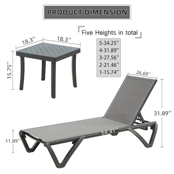 Set of 3 Aluminum Adjustable Stackable Outdoor Chaise Lounge in Gray Seat Poolside Sunbathing Lounger with Side Table