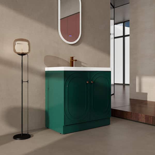 Sheffield 35.4 in. W x 19.7 in. D x 35.4 in. H Freestanding Bath Vanity Cabinet in Light Dark Green with White Resin Top