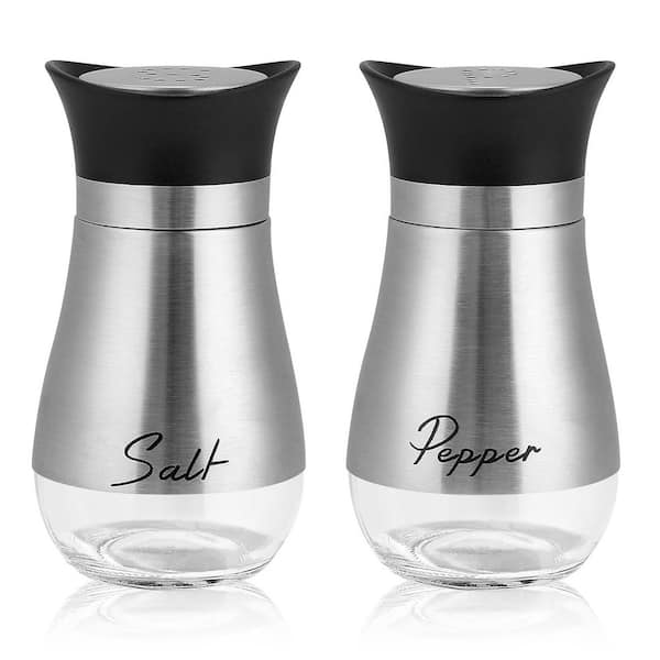 Stainless Steel Finish Salt and Pepper Shakers Set 4 oz. Glass Bottom Visual Control for Kitchen BBQ Table