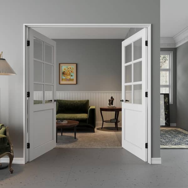 72 in. x 80 in. 6-Lite Clear Glass Universal White Solid Core Wood Double Prehung French Door plus Separate Jamb Lockset