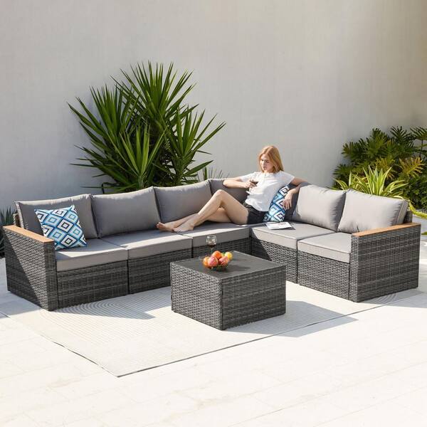 Zeus & Ruta 7-Piece Wicker Outdoor Sectional Set Conversation Sets
