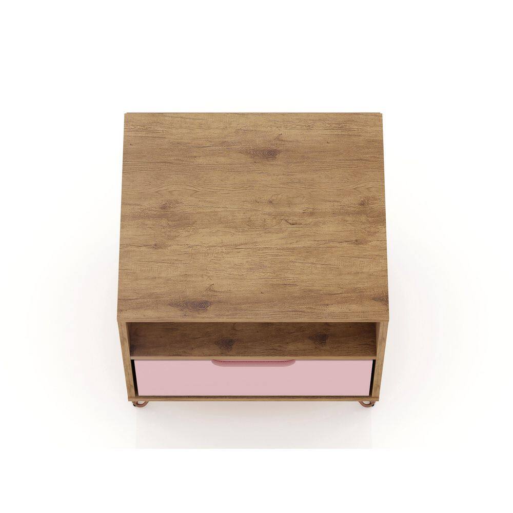 Mid-Century Modern Pink and Wood Nightstand with Hairpin Legs